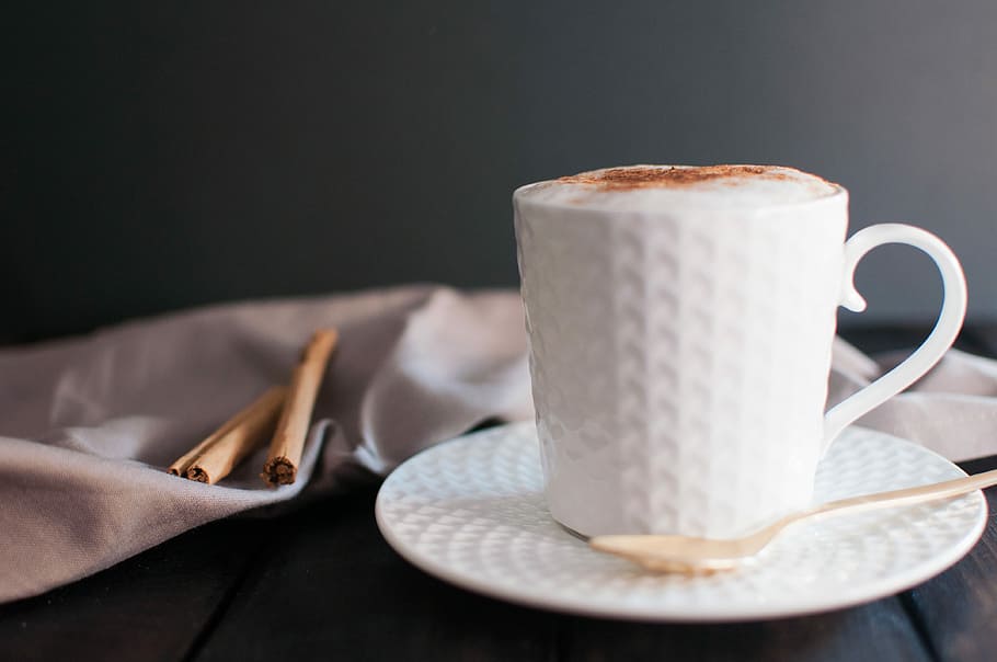 white ceramic cup on saucer, white mug and saucer, spoon, coffee HD wallpaper