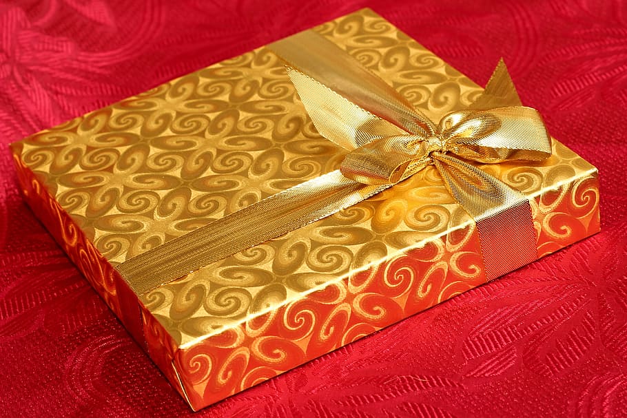 brown floral gift box, present, background, recreation, ribbon HD wallpaper