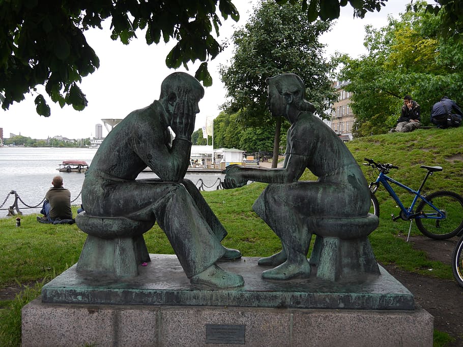 Thinking, Statue, Couple, sitting statue, pensive, benches HD wallpaper