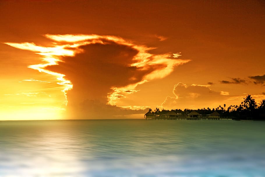sunset painting, ocean, clouds, sun set, evening, samoa, nature HD wallpaper