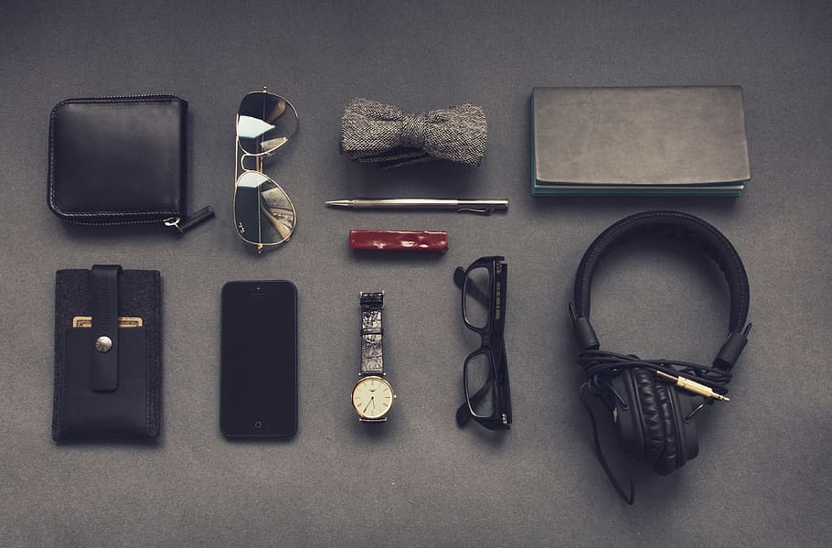 black headphones, black framed eyeglasses, black smartphone, black leather card wallet, HD wallpaper