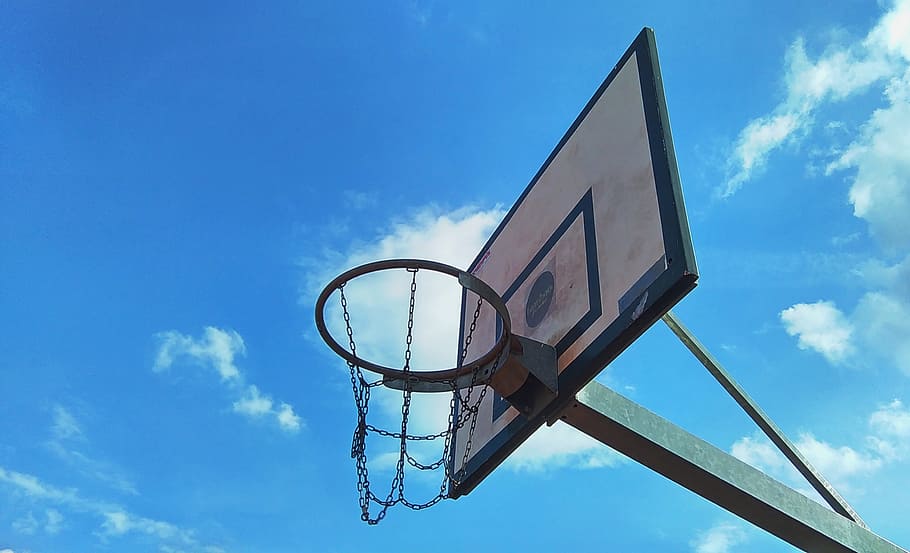 sky, sunny, clouds, summer, backboard, ball, basket, basketball