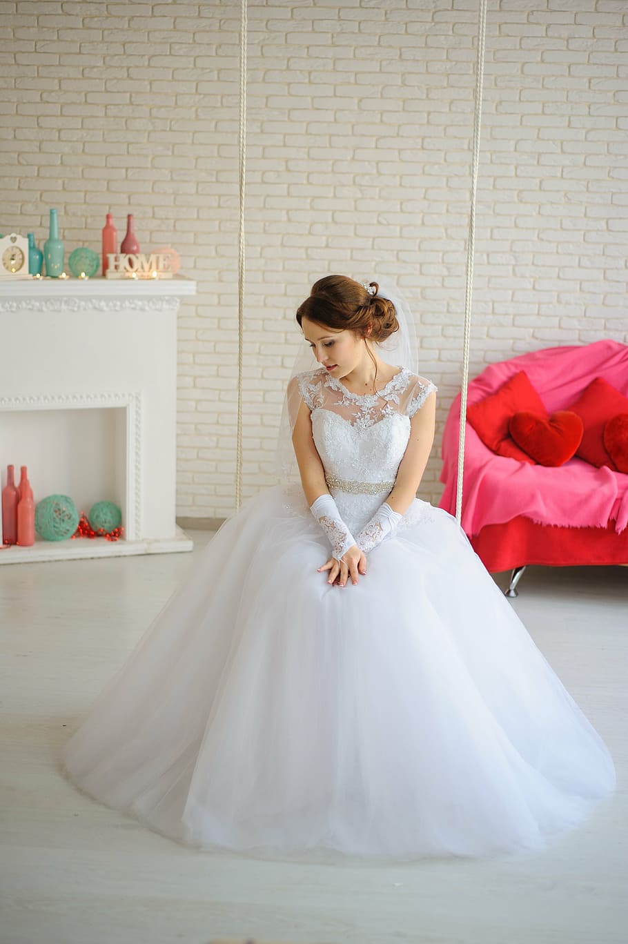 women's white wedding dress, bride, stand by, bridesmaid dress