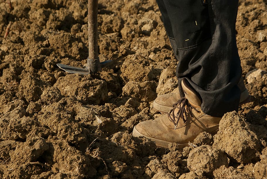 person standing on rocks, farmer, land field, tool, human body part HD wallpaper