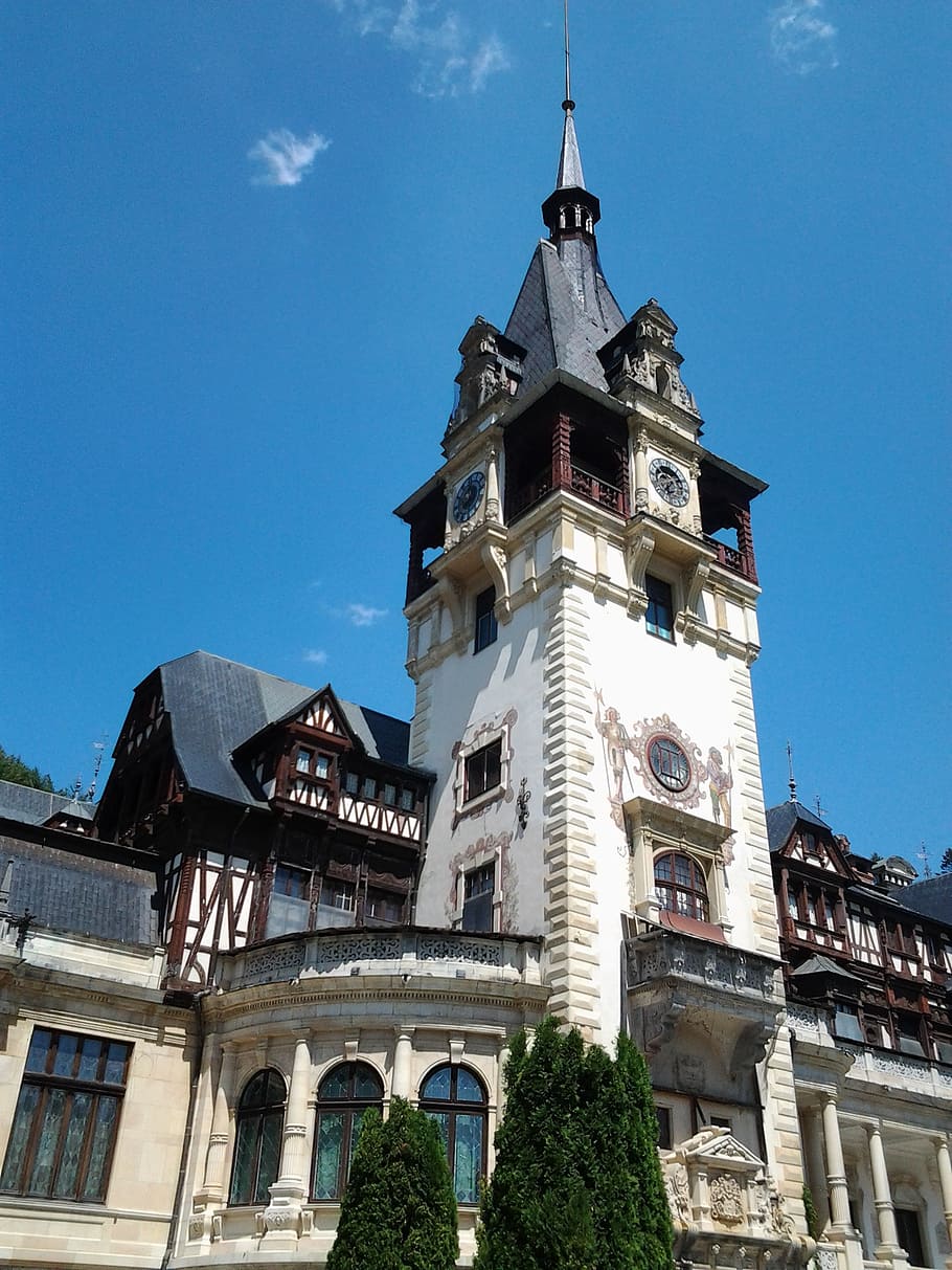 peles castle, clock tower, heritage, landmark, medieval, historic HD wallpaper