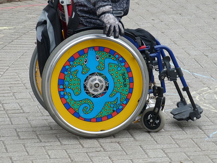 person sitting self-propelled wheelchair, disabled, handicap HD wallpaper