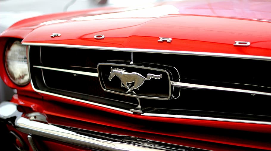 red Ford car, mustang, stallion, america, united, usa, auto, oldmobile