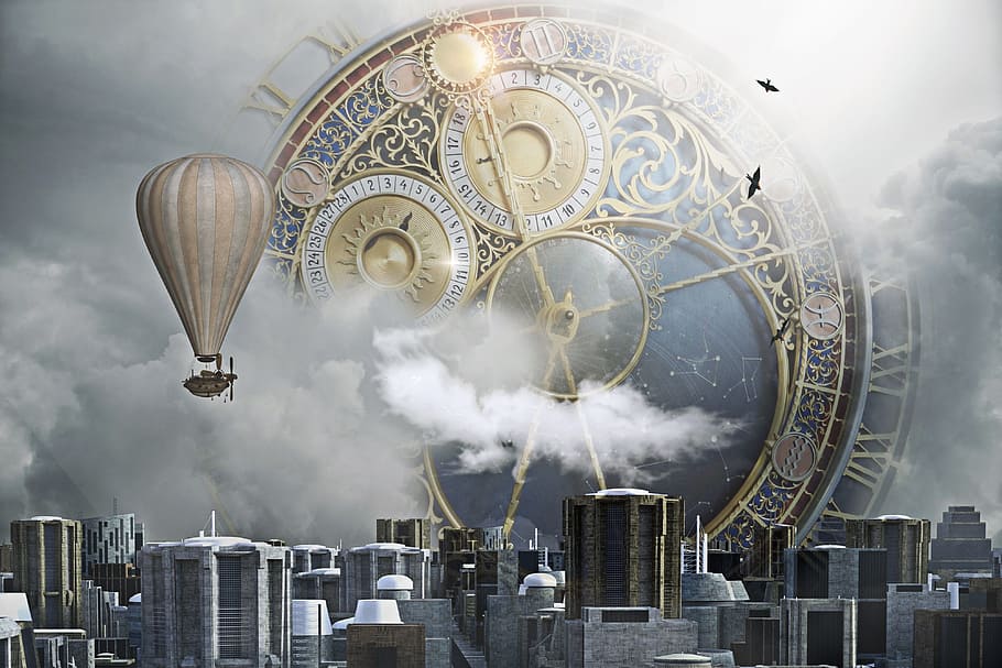 landscape photography of city against clock background, steampunk