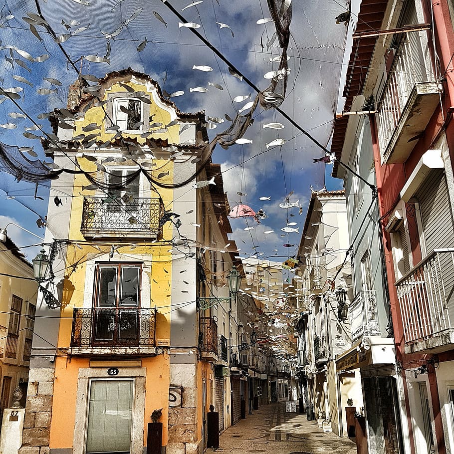 pathway surrounded by building with buntings at daytime, lisboa HD wallpaper