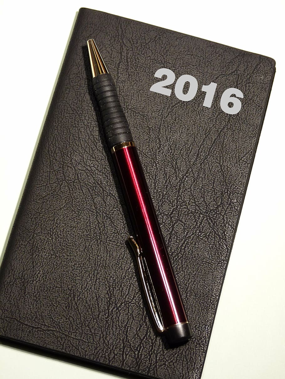 pen on black leather book, calendar, year, date, day, appointment HD wallpaper