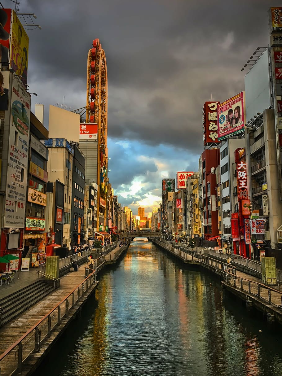 canal between buildings, japan, osaka, river, cloud - sky, reflection HD wallpaper