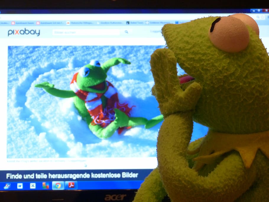 Kermit the Frog plush toy watching Kermit video clips, computer