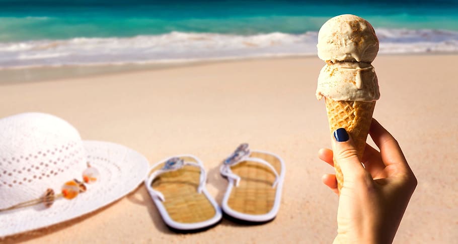 person holding ice cream in beach, summer, delicious, ice cream cone, HD wallpaper
