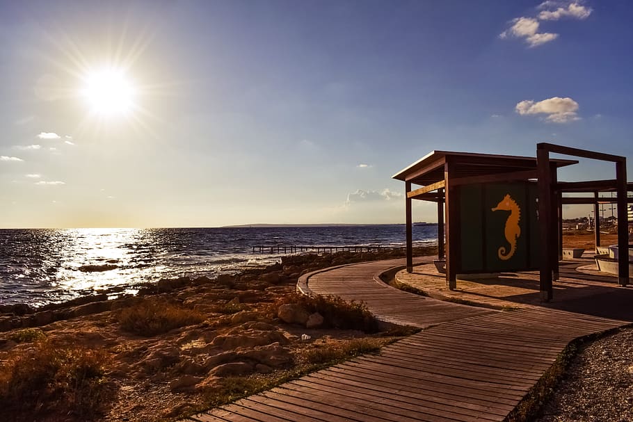 sunset, kiosk, architecture, beach, sea, coastal path, ayia napa HD wallpaper