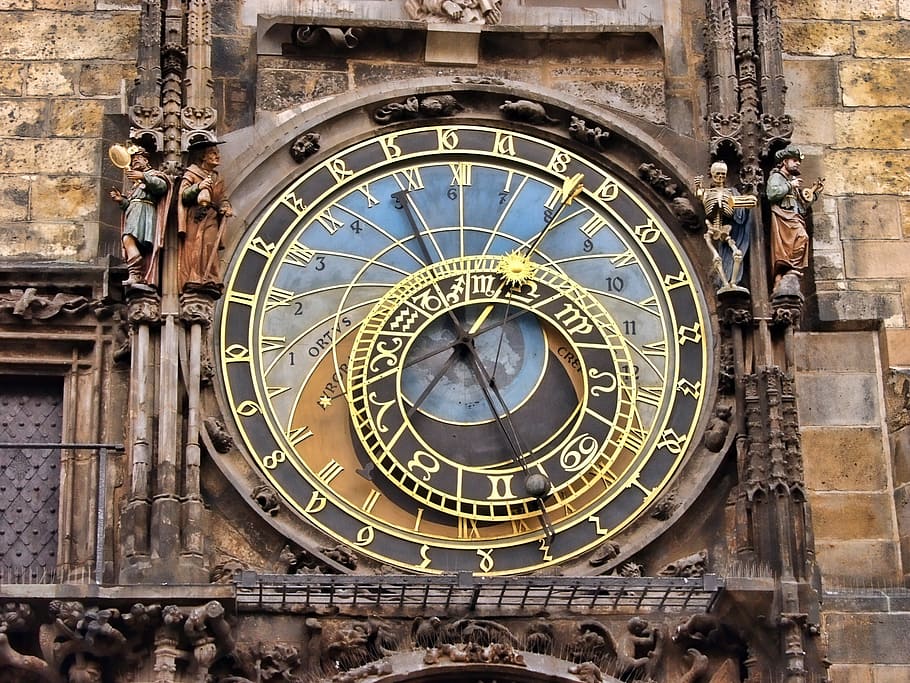 gray Roman Numeral clock tower during daytime, prague, astrological HD wallpaper
