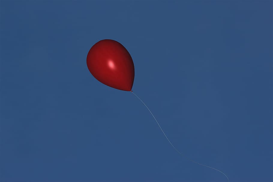 red balloon, Wind, Air, Red, Sky, mid-air, blue, flying, no people HD wallpaper