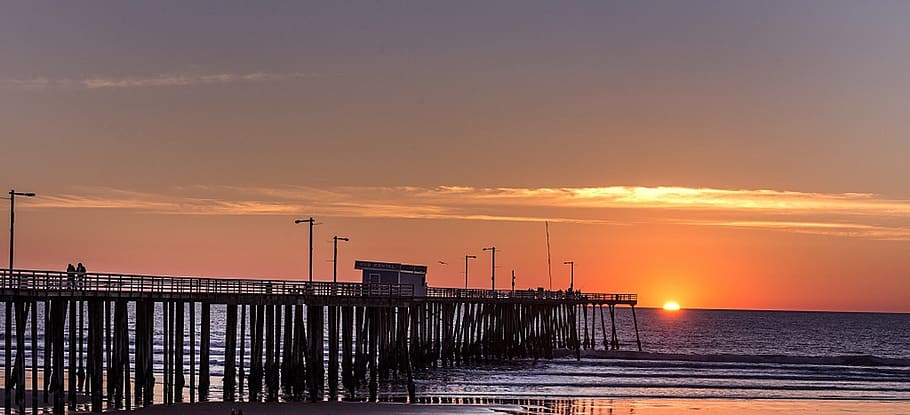 pier, ocean, beach, sea, water, sunset, sky, evening, seascape HD wallpaper