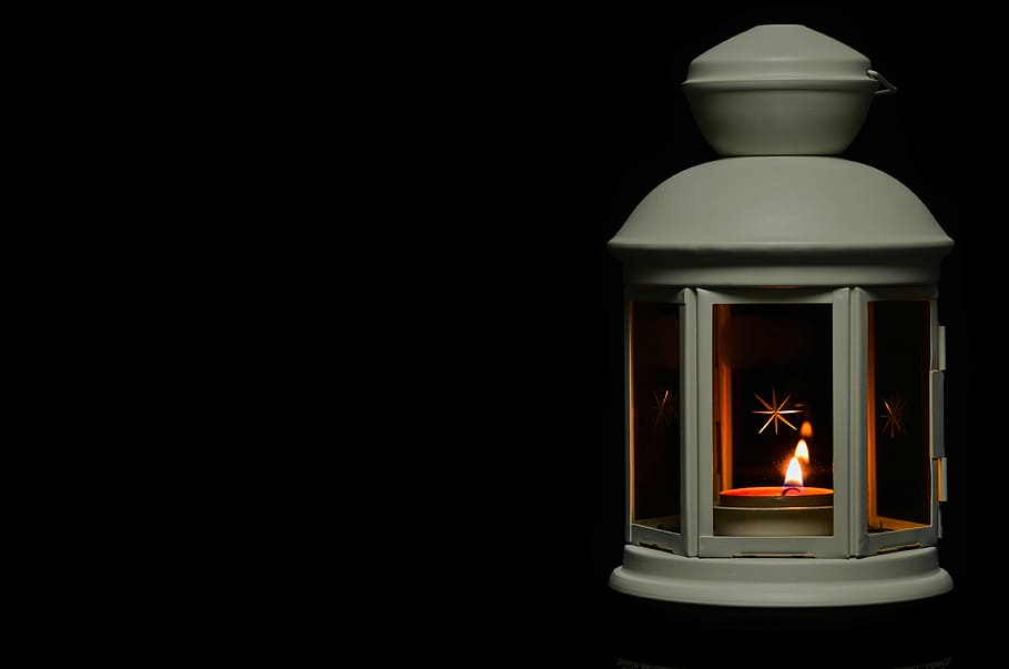 tealight candle in white lantern, black background, lanterns luck HD wallpaper