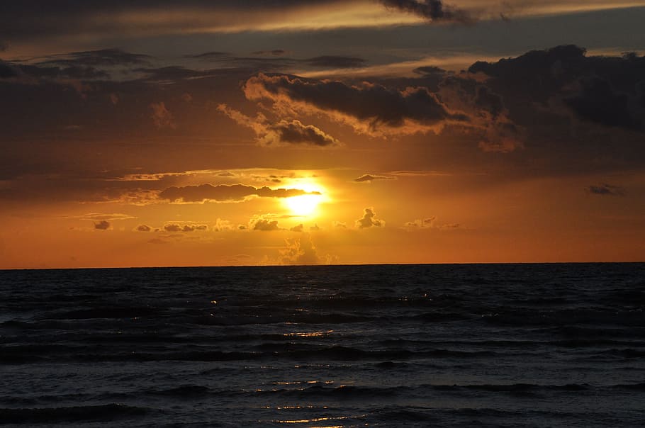 sunset, sea, sky, holiday, water, clouds, twilight, evening sun HD wallpaper