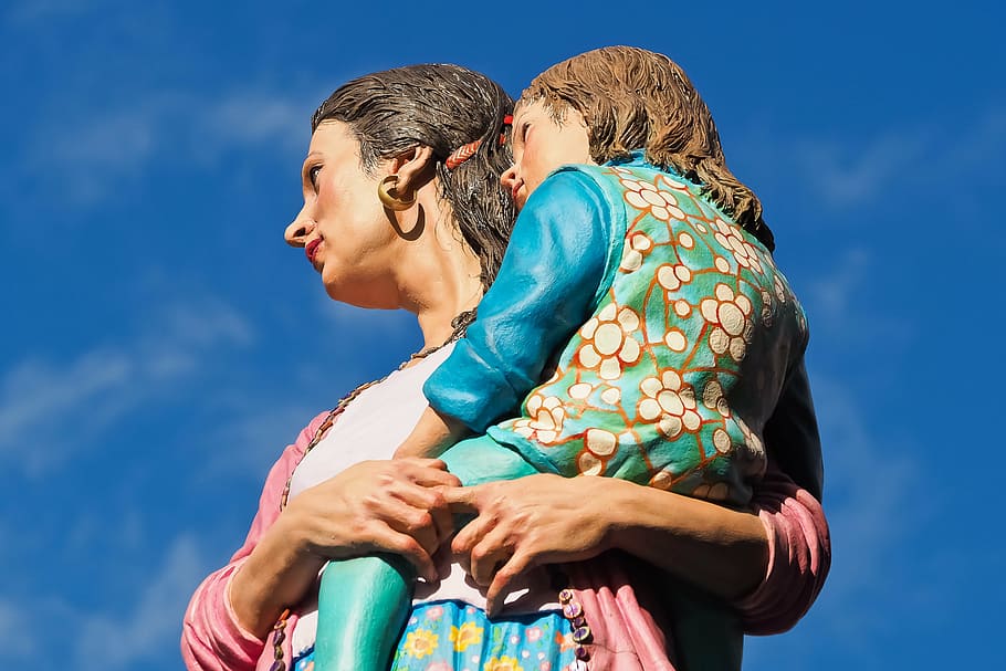 figures, art, sculpture, statue, woman, child, advertising pillar HD wallpaper