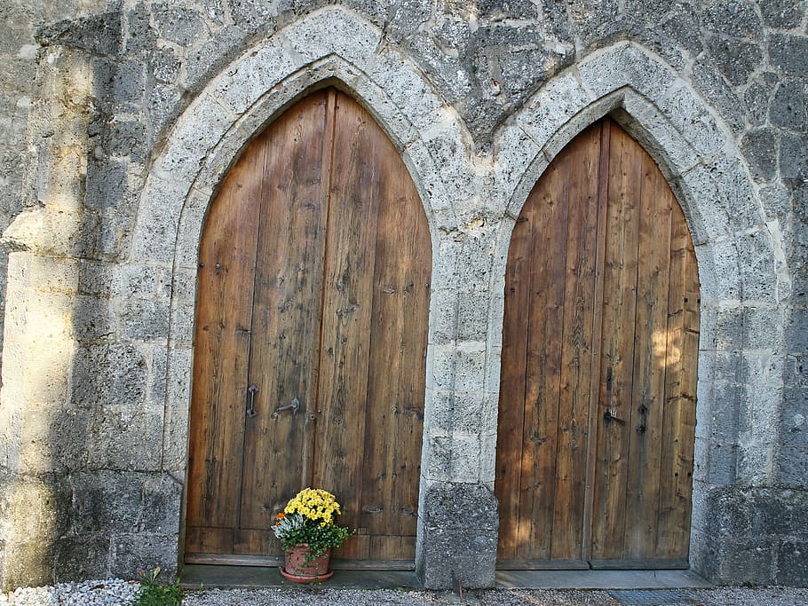 input, door, double door, gate, quarry stone, middle ages, gothic, HD wallpaper