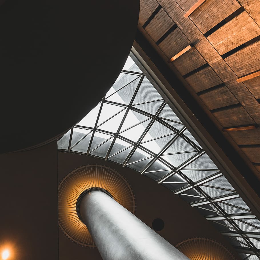 architectural photography of ceiling, worm's eye view of glass building HD wallpaper