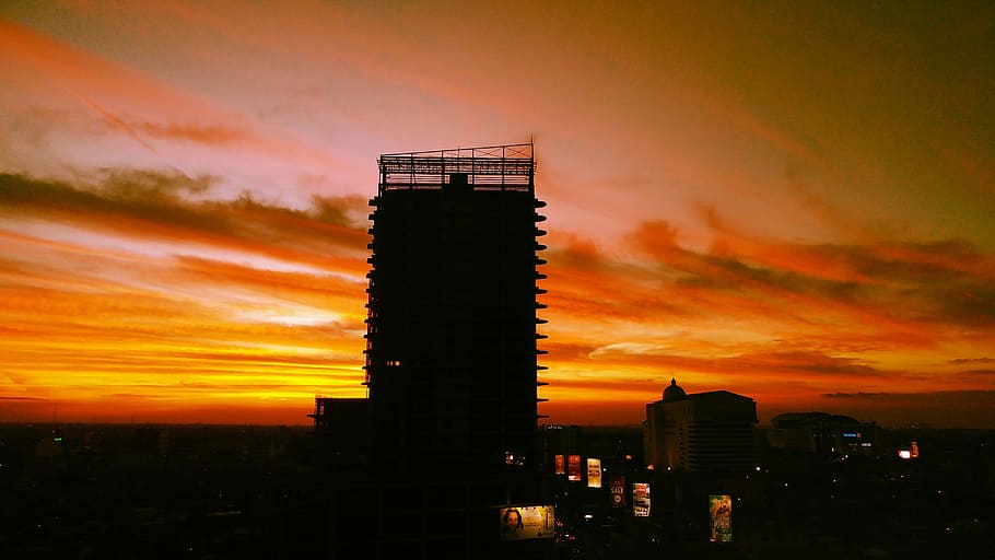 clouds, sky, sunset, landscape, city, architecture, built structure HD wallpaper