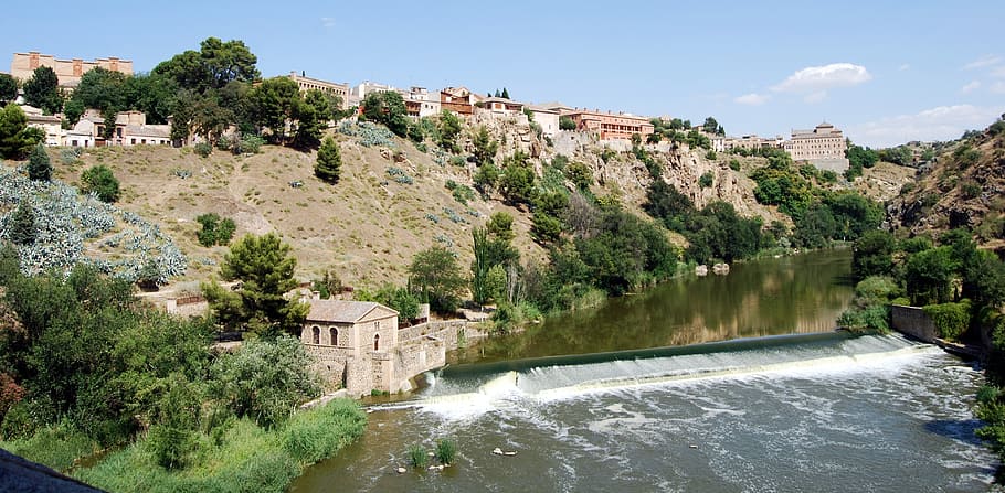 river, tagus, toledo, landscape, water, waterfall, green, trees, HD wallpaper