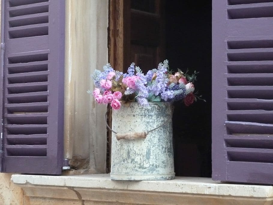 assorted flowers in steel bucket on window, deco, door, doorway HD wallpaper