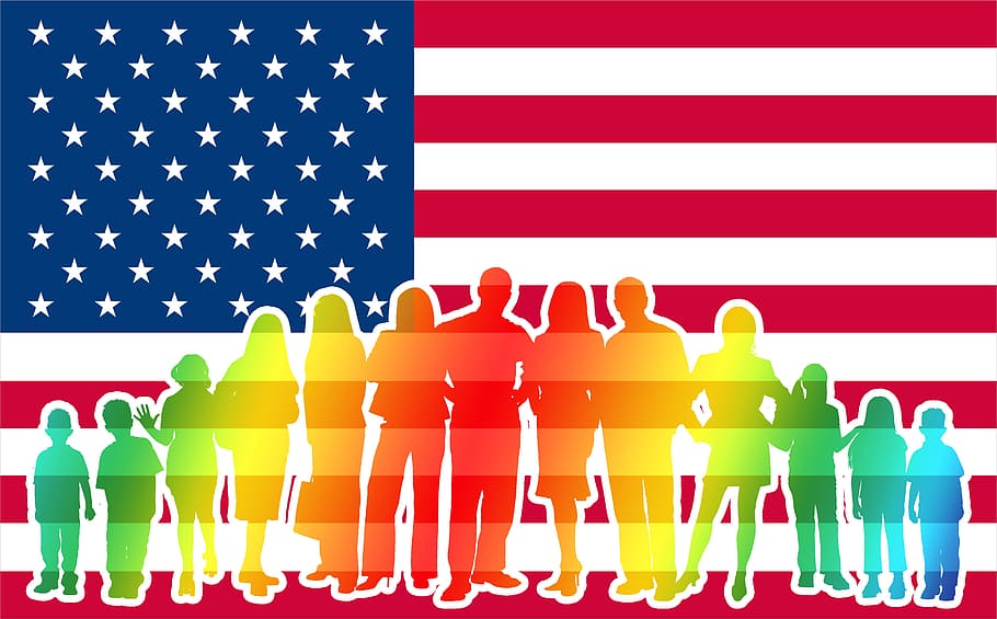 crowd, usa, flag, america, human, silhouettes, personal, group of people HD wallpaper