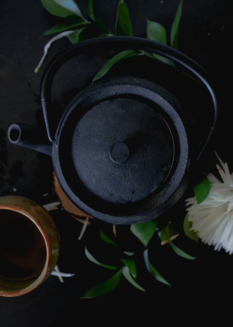 black metal kettle beside bowl, pot, tea, floral, flower, leaf HD wallpaper