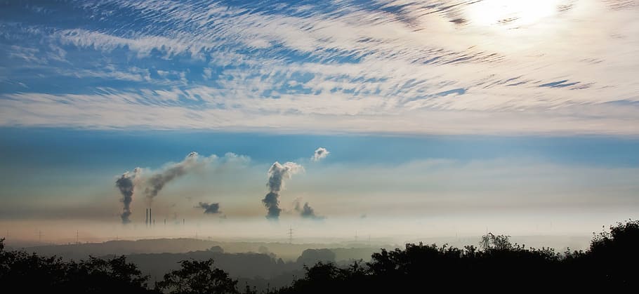 factory chimneys releasing smoke during daytime, industry, sunrise HD wallpaper