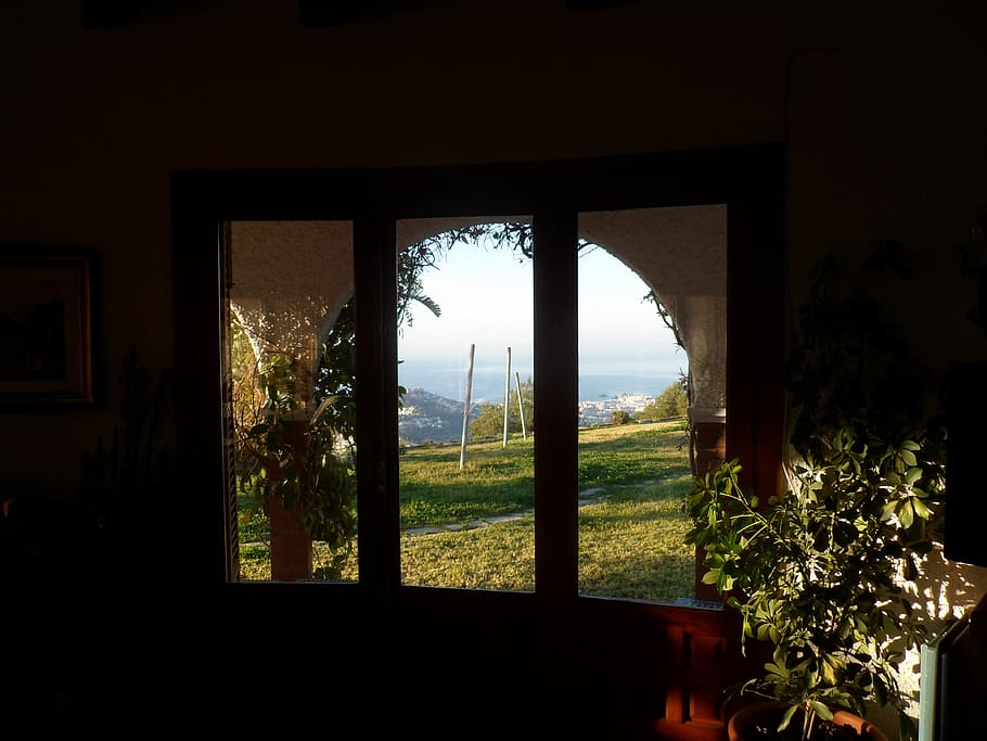 window, clear dark, landscape, sea, plant, architecture, indoors HD wallpaper