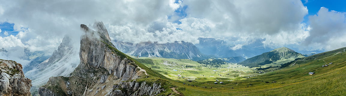 green and gray mountain under blue sky at daytime, green mountain under cloudy sky HD wallpaper