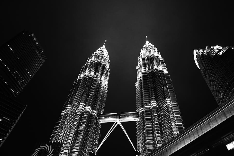 Klcc, Night, Black, White, Twin, Tower, malaysia, architecture