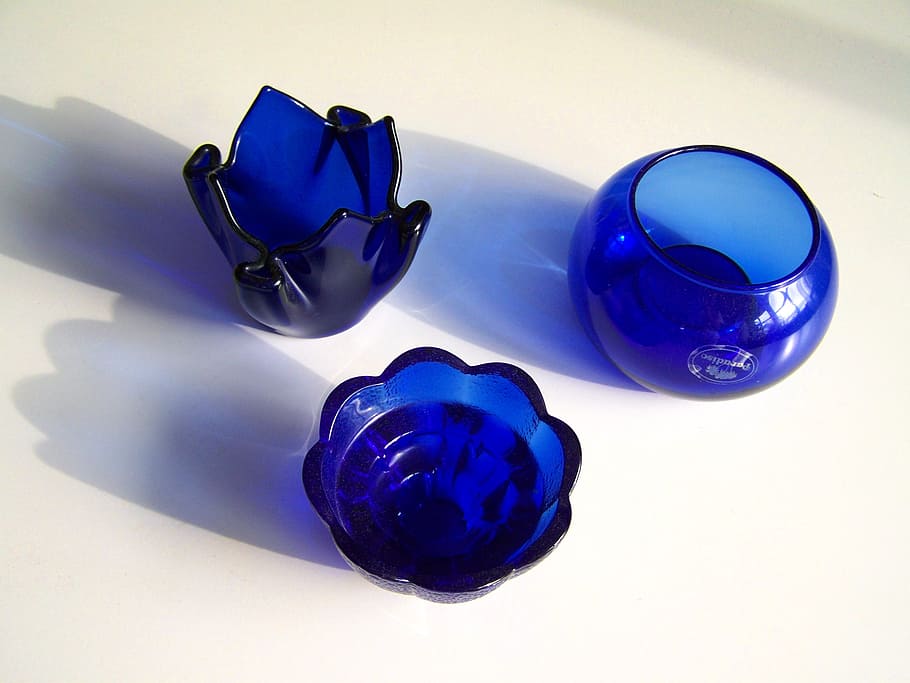 blue glass objects, light shadow, ornaments, still life, indoors HD wallpaper