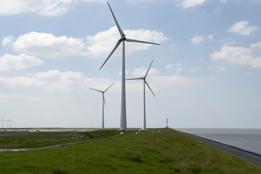 zeedijk, windmills, dyke, coast, air, clouds, sea, blue sky HD wallpaper