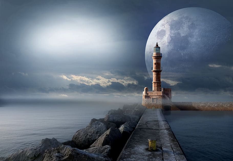 photo of gray lighthouse during full moon illustration, signal, HD wallpaper