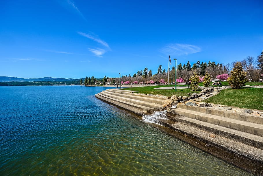 Lake, Outdoor, Steps, Waterfall, park, flow, mountains, resort HD wallpaper