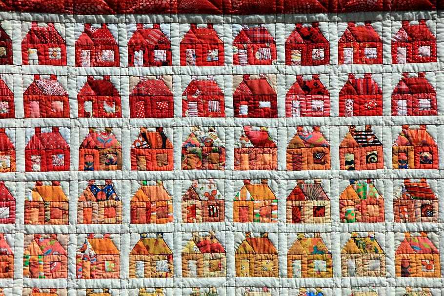 house print quilt blanket, hand labor, sew, patchwork, home, full frame, HD wallpaper