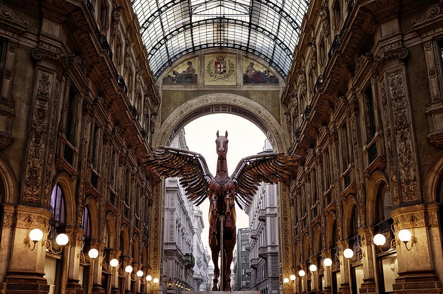 statue horse standing on the ground, milan, pegasus, gallery HD wallpaper