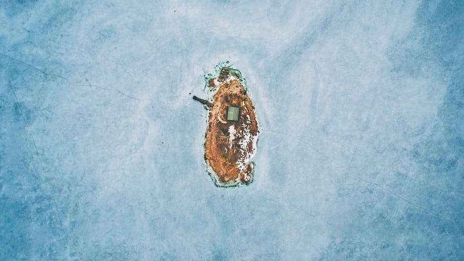 Ice Island, aerial photography of island, drone view, lake, blue waters HD wallpaper