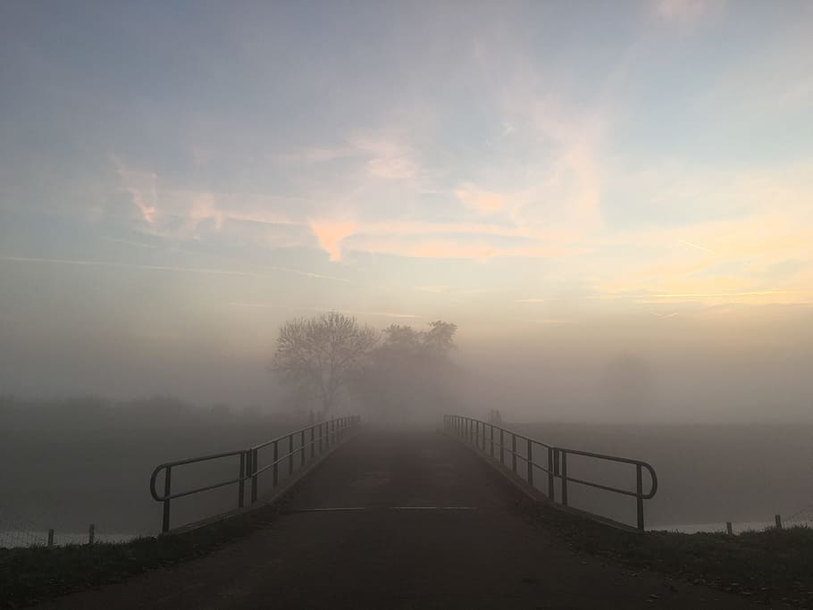 bridge, foggy, sunset, sky, beauty in nature, the way forward HD wallpaper