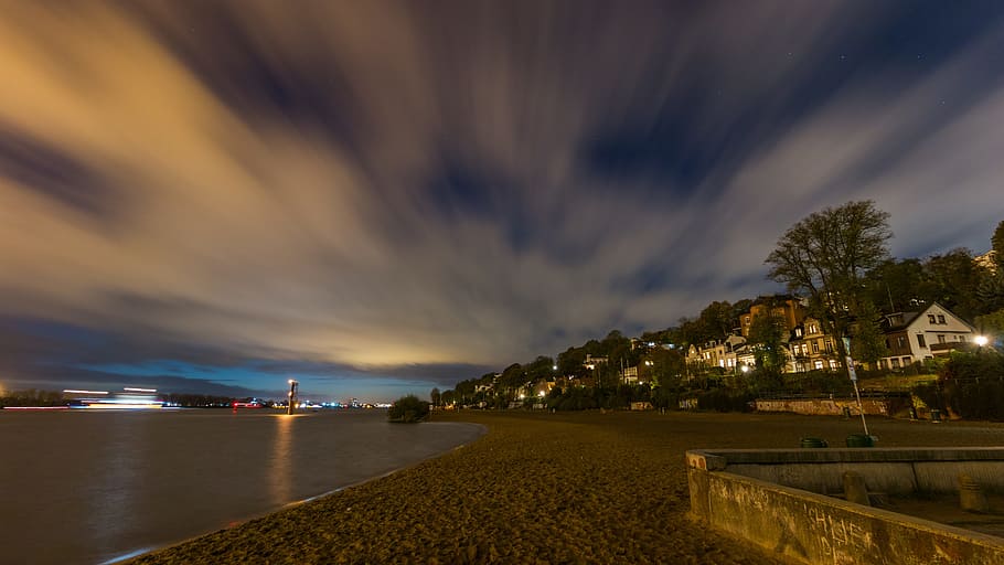 elbe, hamburg, elbe beach, lights, great light, container ship HD wallpaper