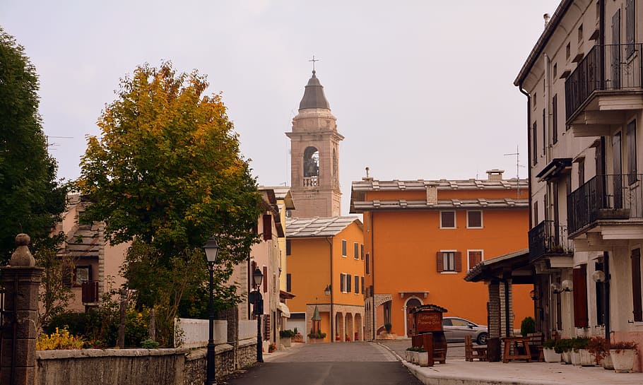 erbezzo, church, campanile, archi, piazza, lessinia, italy, HD wallpaper