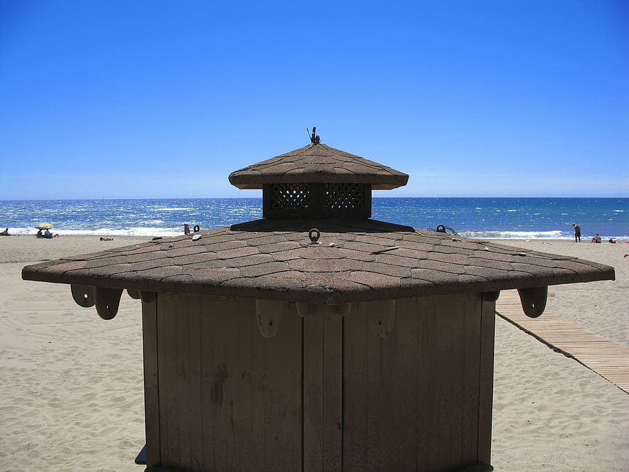 kiosk, beach, sky, estepona, sea, water, clear sky, horizon over water HD wallpaper