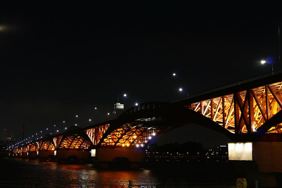 bridge, seongsan bridge, glow, night view, river, architecture HD wallpaper