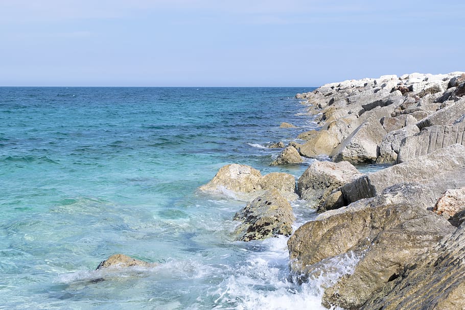 waters, sea, nature, costa, rock, marble, blue, horizon over water HD wallpaper