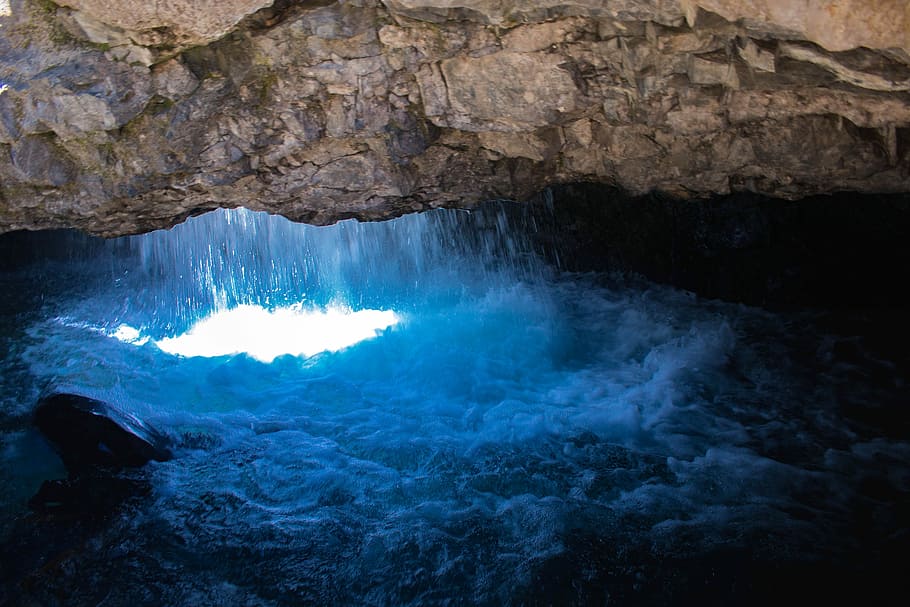 Waterfall, Cave, Nature, Stream, scenic, rock, stone, falls HD wallpaper