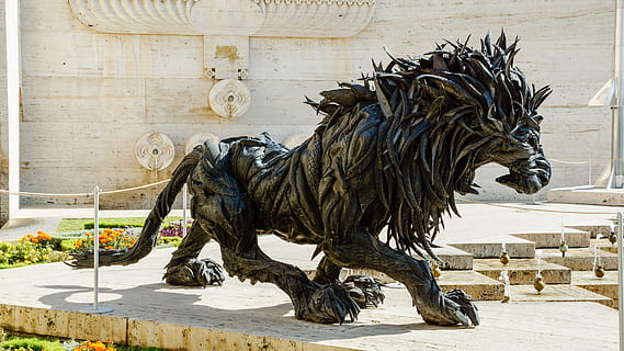 Lion, Head, Sculpture, Statue, Tire, art, ji yong-ho, yerevan HD wallpaper